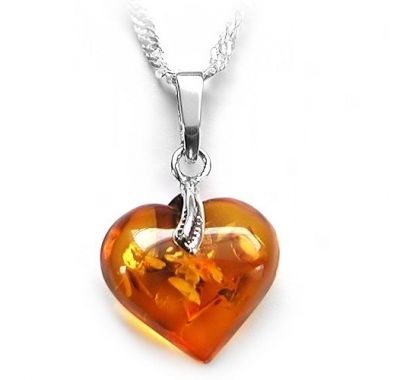 Natural Baltic Amber Heart Shaped Necklace with Silver Chain